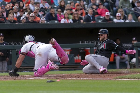Arizona Diamondbacks catcher Tucker Barnhart, right, slides into home plate as Baltimore Orioles catcher James McCann, left, tries to block during a baseball game Sunday, May 12, 2024, in Baltimore. (AP Photo/Jose Luis Magana)