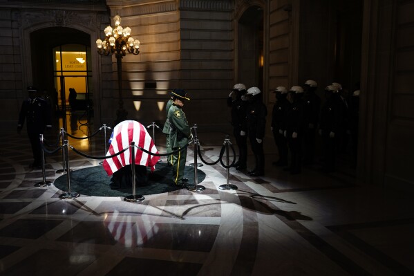 The casket of Sen. Dianne Feinstein is placed at City Hall where it will be displaye, Wednesday, Oct. 4, 2023, in San Francisco. Feinstein, who died Sept. 29, served as San Francisco mayor. (AP Photo/Godofredo A. Vásquez)