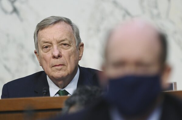 Sen. Dick Durbin, D-Ill., listens as FBI Director Christopher Wray testifies before the Senate Judiciary Committee on Capitol Hill in Washington, Tuesday, March 2, 2021. (Mandel Ngan/Pool via AP)