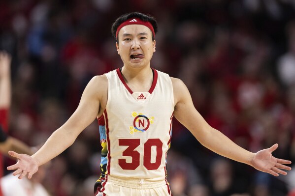 Nebraska's Keisei Tominaga (30) celebrates after making a 3-point shot against Penn State during the second half of an NCAA college basketball game Saturday, Feb. 17, 2024, in Lincoln, Neb. (AP Photo/Rebecca S. Gratz)