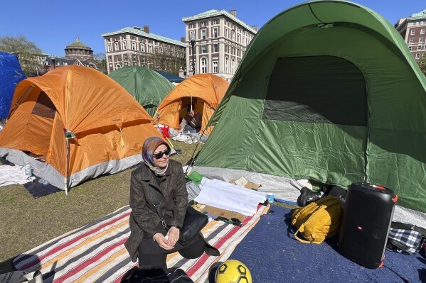 Nahla Al-Arian visits the pro-Palestinian protesters encampment on the campus of Columbia University, Thursday, April 25, 2024, in New York. (Laila Al-Arian via AP)