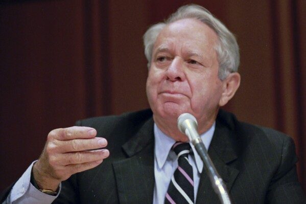FILE -Sen. Lauch Faircloth, R-N.C., asks a question during a hearing of the Senate Whitewater Committee in Washington on July 25, 1995. Former U.S. Sen. Lauch Faircloth of North Carolina, a onetime conservative Democrat who switched late in his career to the Republicans and then got elected to Congress, died Thursday, Sept. 14, 2023. He was 95. (AP Photo/Joe Marquette, File)