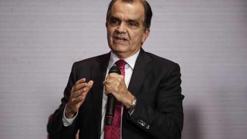 FILE - Oscar Ivan Zuluaga, presidential candidate for the Democratic Centre, speaks during a debate ahead of primaries in Bogota, Colombia, Jan. 25, 2022. Zuluaga, a former finance minister, who came close to winning the 2014 election, was charged in a public hearing on Monday, July 10, 2023 with the crimes of fraud, graft and falsifying documents, in relation to the construction firm Odebrecht. The former candidate for the Democratic Center party, pleaded innocent. (AP Photo/Ivan Valencia, File))