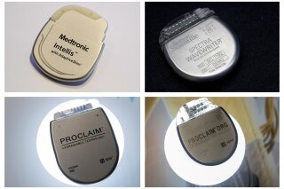 This combination of Saturday, Aug. 25, 2018 photos shows demonstration models of implantable neurostimulators, top row from left, the Medtronic Intellis and the Boston Scientific Spectra WaveWriter SCS. Bottom row from left are the Abbott/St. Jude's Proclaim 7 Implantable Pulse Generator and Proclaim DRG Implantable Pulse Generator. For years, medical device companies and doctors have touted spinal cord stimulators as a panacea for millions of patients suffering from a wide range of intractable pain disorders. But the devices, surgically placed inside the back, that use electrical currents to block pain signals before they reach the brain _ are more dangerous than many patients understand, according to an Associated Press investigation. (AP Photo/Mary Altaffer)