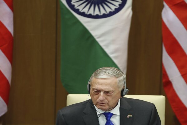 
              U.S. Defense Secretary James Mattis, listens to the press statement made by Indian Foreign Minister Sushma Swaraj after the so-called "2+2" talks in New Delhi, India, Thursday, Sept. 6, 2018. U.S. Pompeo and Mattis held long-delayed talks Thursday with top Indian officials, looking to shore up the alliance with one of Washington's top regional partners. (AP Photo/Manish Swarup)
            
