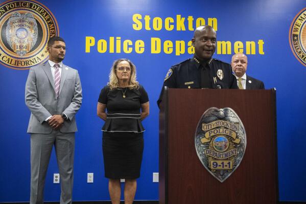 Stockton Police Chief Stanley McFadden speaks during a news conference at the Stockton Police Department headquarters about the arrest of suspect Wesley Brownlee in a series of killings in Stockton, Calif., Saturday, Oct. 15, 2022. Pictured behind McFadden are Stockton Mayor Kevin Lincoln, left, San Joaquin County District Attorney Tori Veber Salazar and Stockton city manager Harry Black. (Clifford Oto/The Record via AP)