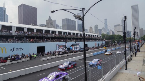 Drivers compete in the Loop 121 NASCAR Xfinity Series auto race Saturday, July 1, 2023, in downtown Chicago. (AP Photo/Erin Hooley)