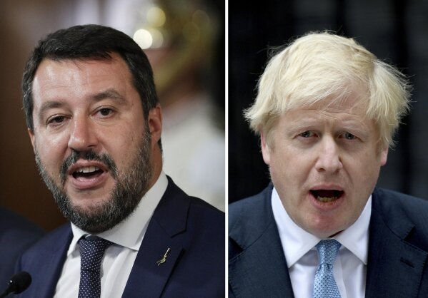 FILE - This combination photo made up of file photos shows at left, Italy's League party leader Matteo Salvini at Rome's Quirinale presidential palace on Wednesday, Aug. 28, 2019 and at right, Britain's Prime Minister Boris Johnson outside 10 Downing Street in London on Monday, Sept. 2, 2019. Both British Prime Minister Boris Johnson and Italian right-wing politician Matteo Salvini found themselves in corners this week, each in his own way having lost bets that their popularity would carry the day. (AP Photo/File)