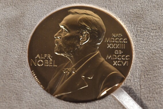 FILE - The Nobel medal in physiology or medicine presented to Charles M. Rice is displayed, Tuesday, Dec. 8, 2020, during a ceremony in New York. The Nobel Foundation said Friday, Sept. 15, 2023, that it had decided to raise the amount for this year’s Nobel Prize awards by 1 million kronor ($90,000) to 11 million kronor ($986,270). (Angela Weiss/Pool Photo via AP, File)