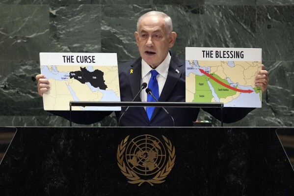 FILE - Israel Prime Minister Benjamin Netanyahu addresses the 79th session of the United Nations General Assembly, Sept. 27, 2024. (AP Photo/Richard Drew, File)