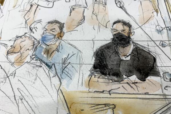 FILE - Sept.8, 2021 file sketch shows key defendant Salah Abdeslam, right, and Mohammed Abrini in the special courtroom built for the 2015 attacks trial. The key defendant in the 2015 Paris attacks trial said Wednesday that the Islamic State network which struck the city was attacking France, and that the deaths of 130 people was "nothing personal." Wearing all black and declining to remove his black mask, Salah Abdeslam was the last of the 14 defendants present in the custom-built courtroom to speak. (Noelle Herrenschmidt via AP, File)