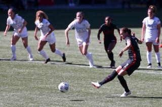 Thorns forward Christine Sinclair (#12) scores on a penalty kick to give the Portland Thorns a 2-0 lead over the Chicago Red Stars in an NWSL match at Providence Park on Sunday, May 16, 2021. (Sean Meagher/The Oregonian via AP)