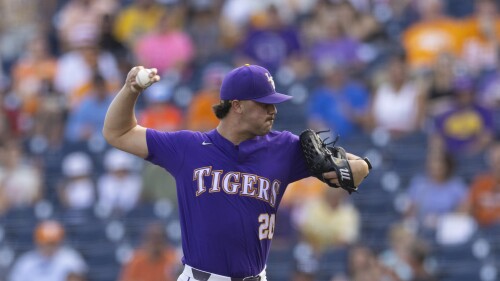 FILE - LSU's Paul Skenes pitches against Tennessee in a baseball game at the NCAA College World Series in Omaha, Neb., on Saturday, June 17, 2023. Skenes, a hard-throwing pitcher who struck out 209 batters in 122 innings for the Tigers, could be the first pick in Sunday night's Major League Baseball draft.(AP Photo/Rebecca S. Gratz, File)