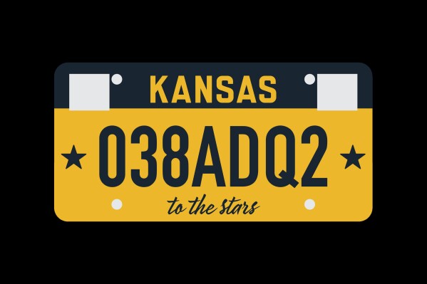 This art illustration from the Kansas Department of Revenue, provided on Tuesday, Nov. 28. 2023, shows the design for a new, standard vehicle license plate that the state had planned to start issuing in March 2024. Criticism of the design has prompted Gov. Laura Kelly to halt its production and promise a public vote on several possible designs. (Kansas Department of Revenue via AP)