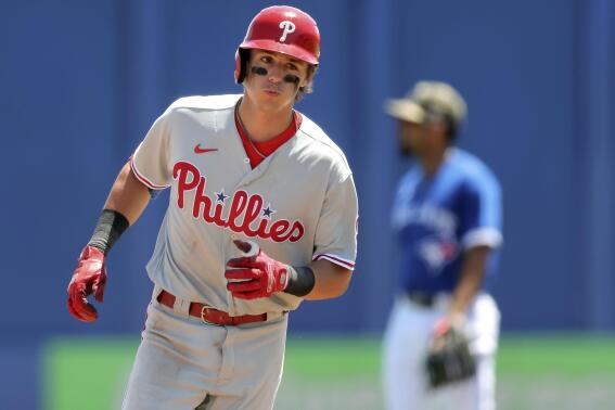 Philadelphia Phillies' Nick Maton rounds the bases after hitting a home run against the Toronto Blue Jays during the fifth inning of a baseball game Sunday, May 16, 2021, in Dunedin, Fla. It was Maton's first major league home run. (AP Photo/Mike Carlson)