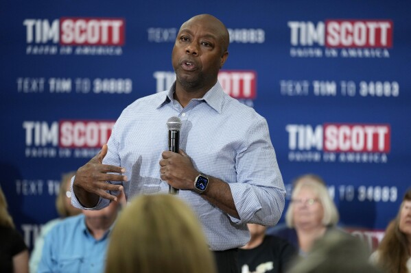 FILE - Republican presidential candidate Sen. Tim Scott, R-S.C., speaks during a town hall meeting, Thursday, Aug. 31, 2023, in Oskaloosa, Iowa. (AP Photo/Charlie Neibergall, File)
