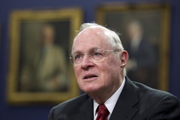 FILE - Supreme Court Associate Justice Anthony Kennedy testifies before a House Committee on Appropriations Subcommittee on Financial Services hearing to review the FY 2016 budget request of the Supreme Court of the United States, on Capitol Hill in Washington, Monday, March 23, 2015. Kennedy, the retired U.S. Supreme Court justice who spent more than a decade as the high court’s most frequent tie-breaker, received The Colonial Williamsburg Foundation's highest award on Friday, Nov. 19, 2021. He retried in 2018 after serving as an associate justice for 30 years. (AP Photo/Manuel Balce Ceneta, File)