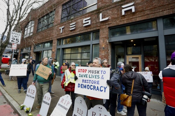 People protesting Elon Musk's actions in the Trump administration hold signs outside a Tesla showroom in Seattle on Thursday, Feb. 13, 2025. (AP Photo/Manuel Valdes, File)