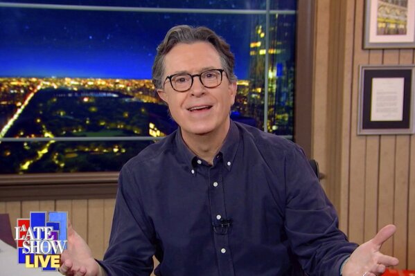 This image released by CBS shows host Stephen Colbert during his monologue for his Jan. 6, 2021 show addressing the violence at the U.S. Capitol on Wednesday. Colbert's 14-minute monologue called out Trump’s most outspoken GOP supporters in Congress and the Senate for what he alleged were years of sowing the seeds for violence. (CBS via AP)