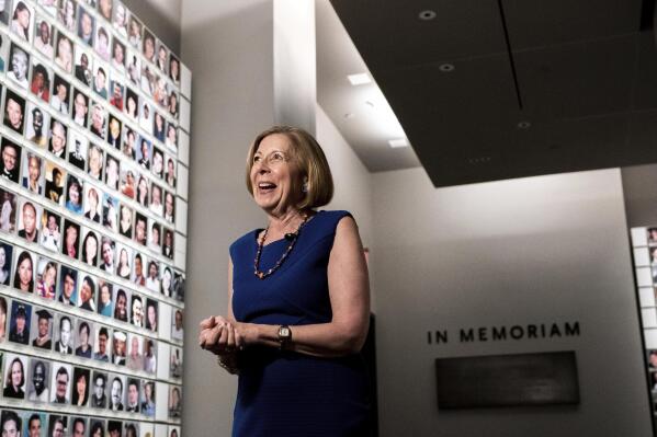 9/11 Memorial & Museum President & CEO Alice Greenwald speaks during an interview with The Associated Press at a portrait-hanging ceremony, Wednesday, June 29, 2022 in New York. Antonio Dorsey Pratt's portrait was the last one hung in the museum. (AP Photo/Julia Nikhinson)