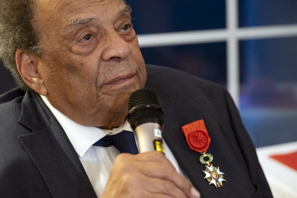 Ambassador Andrew Young gives remarks after receiving the French Legion of Honor medal in Atlanta on Thursday, Oct. 19, 2023. The government of France has bestowed a further honor on Atlanta's Andrew Young. French Ambassador Laurent Bili promoted Young to an officer in France's Legion of Honor on Thursday in Atlanta. (Ben Gray/Atlanta Journal-Constitution via AP)