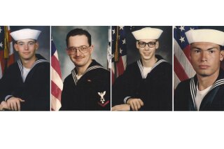 
              FILE - This file photo combination of images provided by the U.S. Navy shows former sailors Eric Wilson, left photo, Danial Williams, second from left, Joe Dick, second from right, and Derek Tice, in undated file photos. The city of Norfolk, Va., has agreed to pay $4.9 million to the four former sailors who were wrongly convicted of rape and murder based on intimidating police interrogations. A copy of the settlement agreement for the "Norfolk Four" was obtained by The Associated Press. The state has also agreed to pay $3.5 million. (U.S. Navy via AP, File)
            