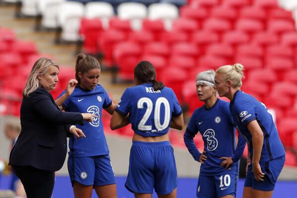 FILE - In this Saturday, Aug. 29, 2020 file photo, Chelsea manager Emma Hayes, left, gives instructions to her players during their English FA Women's Community Shield soccer match against Manchester City at Wembley stadium in London. Chelsea can reach its first Women’s Champions League final if it gets a better performance in the attacking third against Bayern Munich on Sunday, May 2, 2021. Chelsea manager Emma Hayes says her team didn't do well “in the finishing phase” last week in a 2-1 loss to Bayern in the first leg of the semifinals.  (Andrew Couldridge/Pool via AP, file)