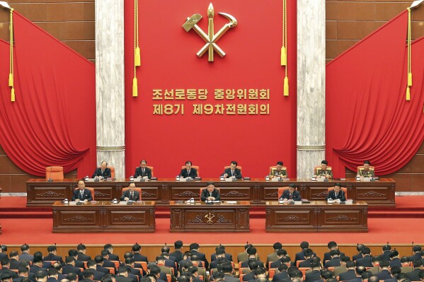 In this photo provided by the North Korean government, North Korean leader Kim Jong Un, center, holds a year-end plenary meeting of the ruling Workers’ Party in Pyongyang, North Korea, Tuesday, Dec. 26, 2023. Independent journalists were not given access to cover the event depicted in this image distributed by the North Korean government. The content of this image is as provided and cannot be independently verified. Korean language watermark on image as provided by source reads: "KCNA" which is the abbreviation for Korean Central News Agency. (Korean Central News Agency/Korea News Service via AP)