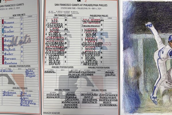 These images provided by San Francisco Giants baseball coach Ryan Christenson show lineup cards and a drawing showing Frank White turning a double play. "He's an artist," said New York Yankees star Juan Soto, who spent 1 1/2 years with Christenson in San Diego. (Ryan Christenson via AP)