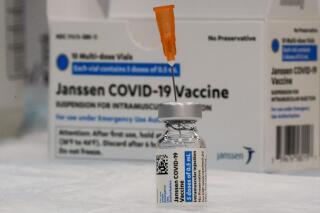 FILE - In this April 8, 2021 file photo, the Johnson & Johnson COVID-19 vaccine is seen at a pop up vaccination site in the Staten Island borough of New York. University of California, San Francisco officials say a man in his 30s is recuperating after developing a rare blood clot in his leg within two weeks of receiving the Johnson & Johnson vaccine. (AP Photo/Mary Altaffer, File)
