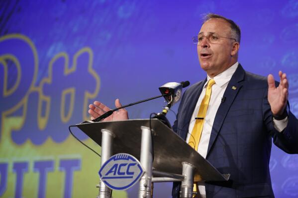 Pittsburgh head coach Pat Narduzzi answers a question at the NCAA college football Atlantic Coast Conference Media Days in Charlotte, N.C., Thursday, July 21, 2022. (AP Photo/Nell Redmond)