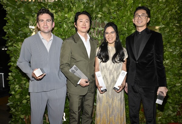 Jake Schreier, left, Steven Yeun, Ali Wong and Lee Sung Jin pose with their breakthrough series under 40 minutes awards for "Beef" at the Gotham Independent Film Awards at Cipriani Wall Street on Monday, Nov. 27, 2023, in New York. (Photo by Evan Agostini/Invision/AP)