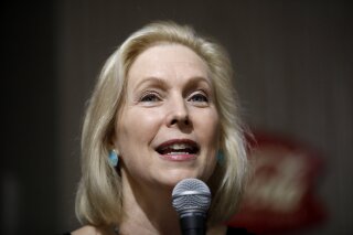 FILE - In this April 18, 2019, file photo, Democratic presidential candidate Sen. Kirsten Gillibrand speaks during a meet and greet with local residents in Indianola, Iowa. She’s trailed better-known rivals in the packed Democratic 2020 presidential field in poll support and fundraising, but Gillibrand is making a case for being the coolest candidate. (AP Photo/Charlie Neibergall, File)