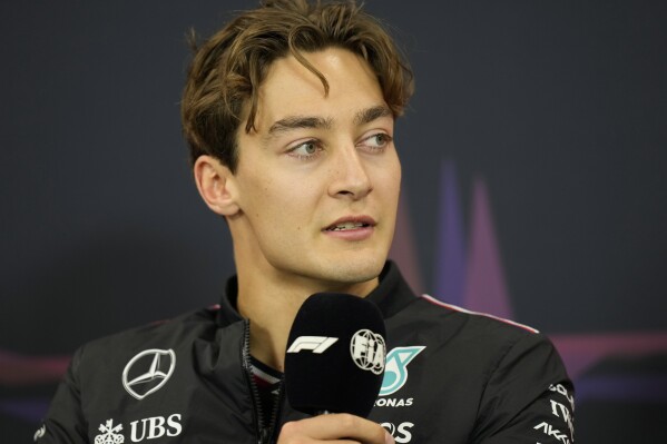 Mercedes driver George Russell of Britain speaks during a news conference at the Suzuka Circuit in Suzuka, central Japan, Thursday, April 4, 2024, ahead of Sunday's Japanese Formula One Grand Prix. (AP Photo/Hiro Komae)