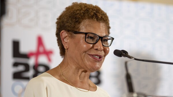 FILE - Los Angeles Mayor Karen Bass speaks at a reception at the U.S. Chief of Mission Residence in Paris, Saturday, July 27, 2024, to commemorate the opening of the 2024 Summer Olympics and celebrate the upcoming 2028 Olympic Games, to be held in Los Angeles. (AP Photo/David Goldman, File)