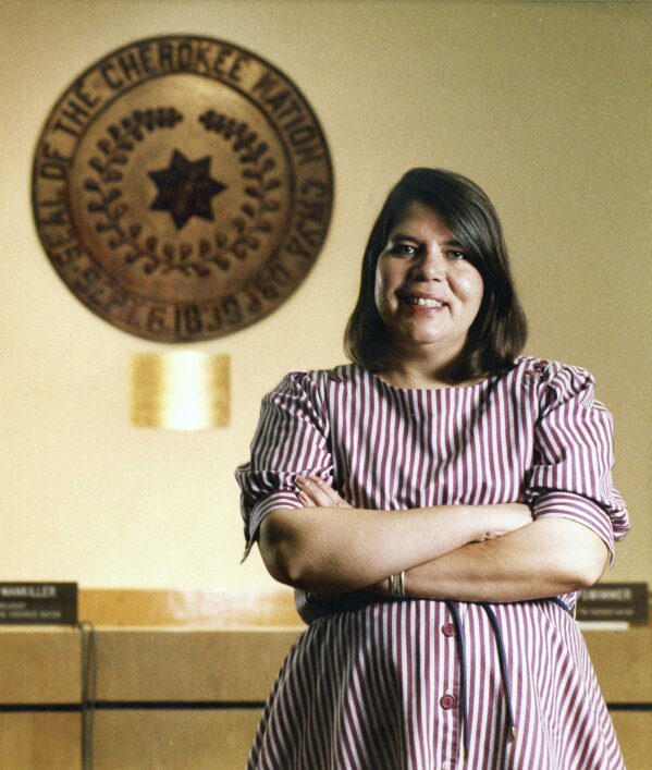 FILE - In 1985 Wilma Mankiller became Chief of the Cherokee Nation after Chief Ross Swimmer resigned to head the Bureau of Indian Affairs under President Ronald Reagan. Toy maker Mattel is honoring the late legendary Cherokee leader with a Barbie doll as part of its "Inspiring Women" series. (Michael Wyke/Tulsa World via AP, FILE)