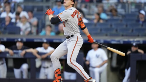Baltimore Orioles' Gunnar Henderson watches his home run against the New York Yankees during the first inning of a baseball game Thursday, July 6, 2023, in New York. (AP Photo/Frank Franklin II)