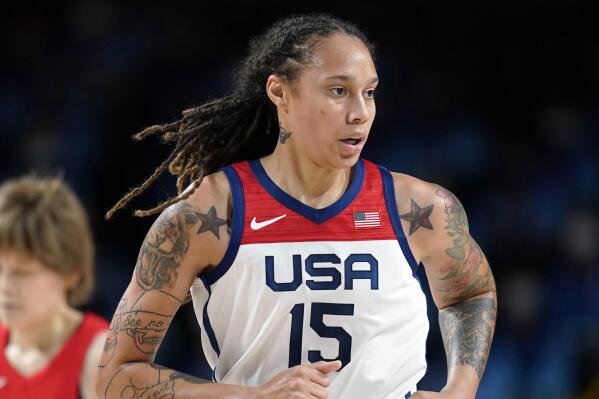 FILE - Brittney Griner (15) runs up court during the women's basketball gold medal game against Japan at the 2020 Summer Olympics on Aug. 8, 2021, in Saitama, Japan. The return of Brittney Griner to the United States in a dramatic prisoner swap with Russia marked the culmination of a 10-month ordeal that captivated world attention, a saga that landed at the intersection of sports, politics, race and gender identity — and wartime diplomacy. (AP Photo/Charlie Neibergall, File)