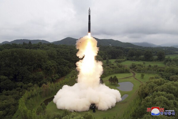 This photo provided on July 13, 2023, by the North Korean government shows what it says is the test-firing of an Hwasong-18 ICBM, at an undisclosed location, in North Korea, on July 12, 2023. Independent journalists were not given access to cover the event depicted in this image distributed by the North Korean government. The content of this image is as provided and cannot be independently verified. Korean language watermark on image as provided by source reads: "KCNA" which is the abbreviation for Korean Central News Agency. (Korean Central News Agency/Korea News Service via AP)