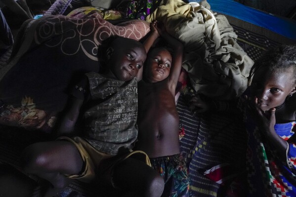 Children rest in a hut on the side of the road crowded with some 140 people in Niamey, Niger, Monday, July 31, 2023. In the capital of Niger, many people live in makeshift shelters tied together with slats of wood, sheets and plastic tarps because they can't pay rent, and they scramble daily to make enough money to feed their children. (AP Photo/Sam Mednick)