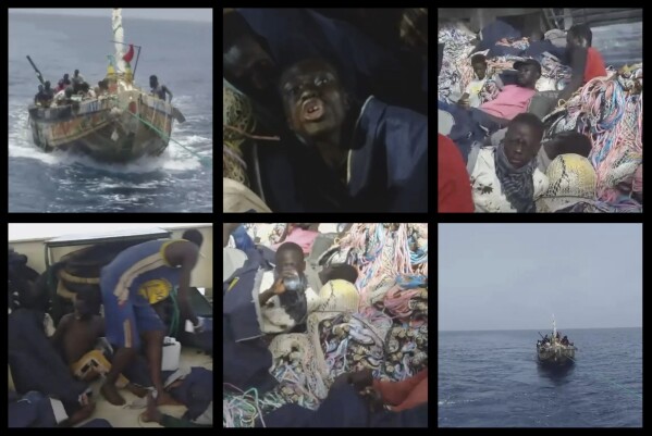 En esta combinación de imágenes desde video, se observa a unos cuantos sobrevivientes que son rescatados por un barco pesquero y llevados a Cabo Verde, después de 36 angustiosos días en el mar, el lunes 14 de agosto de 2023. (Abdou Aziz Niang/vía AP)