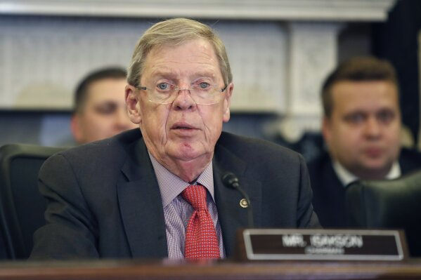FILE - In this Wednesday, Sept. 26, 2018, file photo, Chairman Johnny Isakson, of Georgia, speaks during a hearing of the Senate Committee on Veterans' Affairs, on Capitol Hill in Washington. Isakson has been hospitalized after he fell and fractured four ribs, Tuesday, July 16, 2019. (AP Photo/Alex Brandon, File)