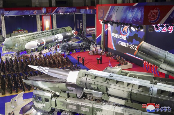 In this photo provided by the North Korean government, an opening ceremony of a defense exhibition is held in Pyongyang, North Korea Thursday, Nov. 21, 2024. Independent journalists were not given access to cover the event depicted in this image distributed by the North Korean government. The content of this image is as provided and cannot be independently verified. Korean language watermark on image as provided by source reads: "KCNA" which is the abbreviation for Korean Central News Agency. (Korean Central News Agency/Korea News Service via AP)