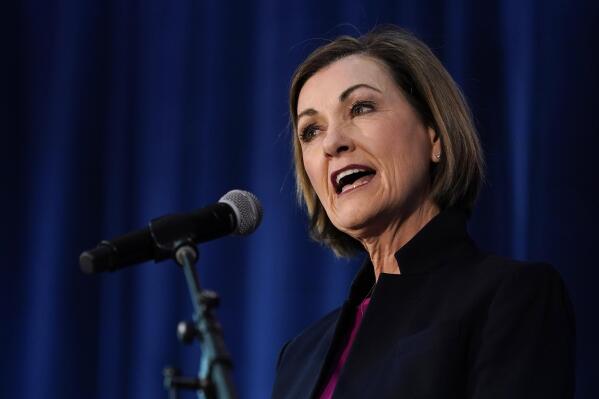 FILE - Iowa Gov. Kim Reynolds speaks during a rally in Des Moines, Iowa., on March 9, 2022. Lawyers for Iowa's largest abortion provider argued in court documents Tuesday, Sept. 13, 2022, that there is no precedent or legal support for a judge to reverse a 2019 decision that found a law prohibiting abortions at around six weeks of pregnancy violated the state constitution. Reynolds contends that federal and state supreme court decisions have changed the legal landscape and justify reversal of a judge’s decision that declared the law unconstitutional and therefore unenforceable. (AP Photo/Charlie Neibergall File)