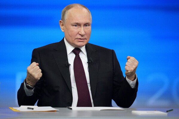 Russian President Vladimir Putin speaks during his annual news conference in Moscow, Russia, Thursday, Dec. 14, 2023. (AP Photo/Alexander Zemlianichenko, Pool)