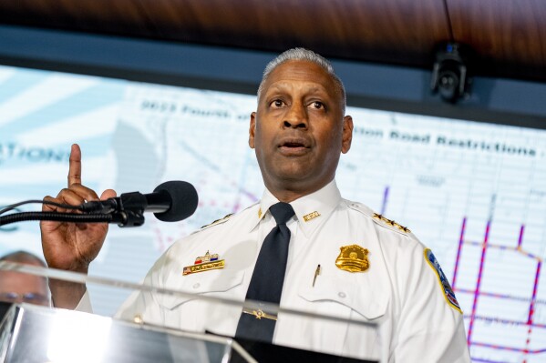 Washington Metropolitan Police Department Interim Chief of Police Ashan Benedict speaks during a news conference on the upcoming Fourth of July holiday in Washington, Friday, June 30, 2023. (AP Photo/Andrew Harnik)