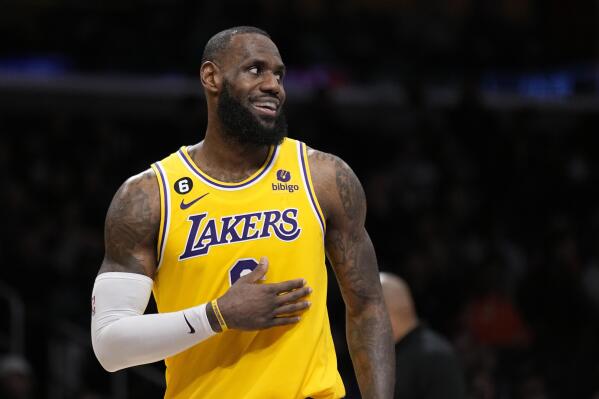 Los Angeles Lakers forward LeBron James smiles during the second half of an NBA basketball game against the San Antonio Spurs Wednesday, Jan. 25, 2023, in Los Angeles. (AP Photo/Mark J. Terrill)