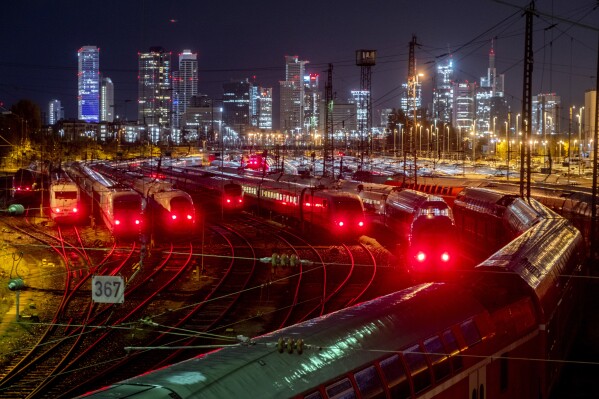 Trains are parked outside a train station in Frankfurt, Germany, Thursday, Nov. 16, 2023, as union representing German train is calling its members out on a 20-hour strike. (AP Photo/Michael Probst)