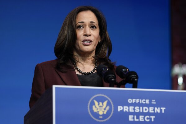 Vice President-elect Kamala Harris speaks as she and President-elect Joe Biden introduce their nominees and appointees to key national security and foreign policy posts at The Queen theater, Tuesday, Nov. 24, 2020, in Wilmington, Del. (AP Photo/Carolyn Kaster)