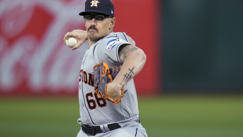 Houston Astros pitcher J.P. France throws to an Oakland Athletics batter during the seventh inning of a baseball game Thursday, July 20, 2023, in Oakland, Calif. (AP Photo/Godofredo A. Vásquez)